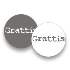 Etikett rund vit/grå matt Grattis